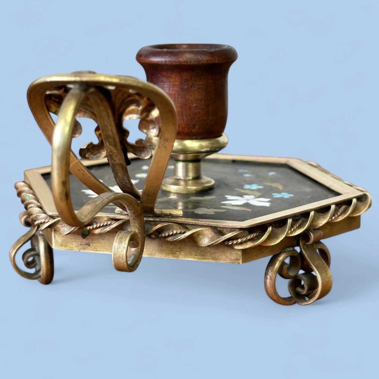 Rare 19th Century French Pietra Dura Chamberstick, Floral Inlay Brass Candle Holder photo buy