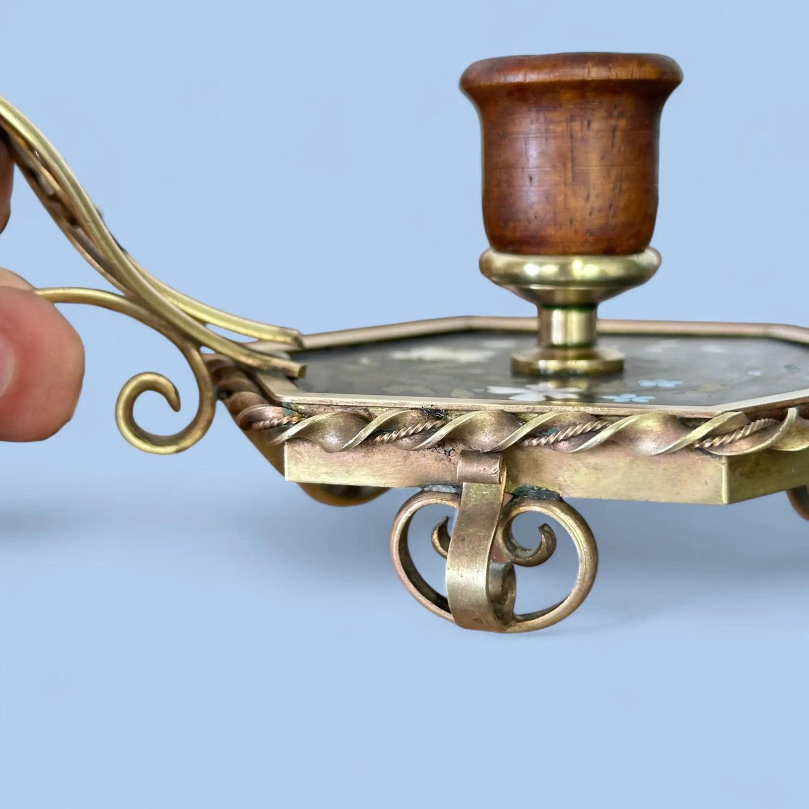 photo for sale Rare 19th Century French Pietra Dura Chamberstick, Floral Inlay Brass Candle Holder