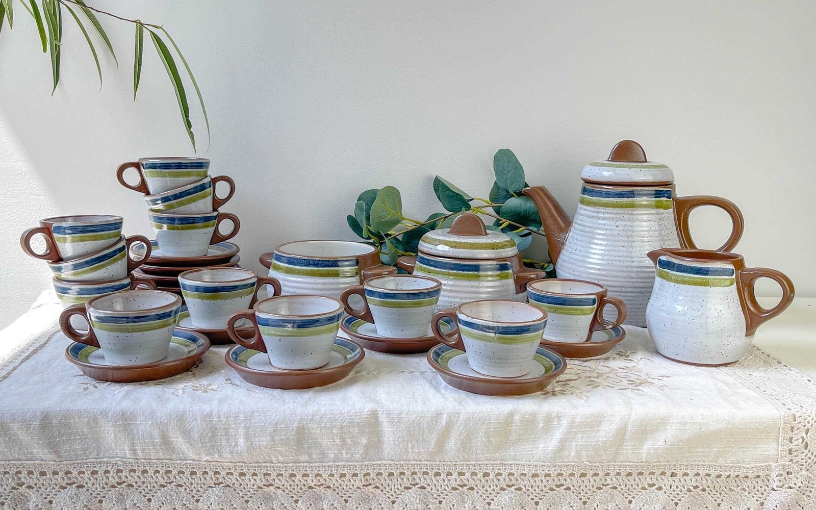 Vintage 1950s Speckled Stoneware Coffee Set In Gray With Green And Blue Stripes   Vintage Stoneware Coffee Cups   Vintage Stoneware Teapot photo furniture
