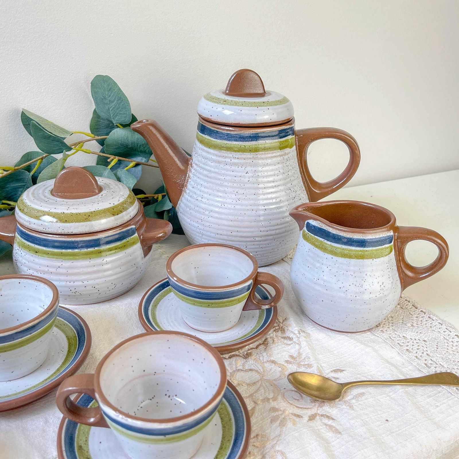 Vintage 1950s Speckled Stoneware Coffee Set In Gray With Green And Blue Stripes   Vintage Stoneware Coffee Cups   Vintage Stoneware Teapot photo for sale