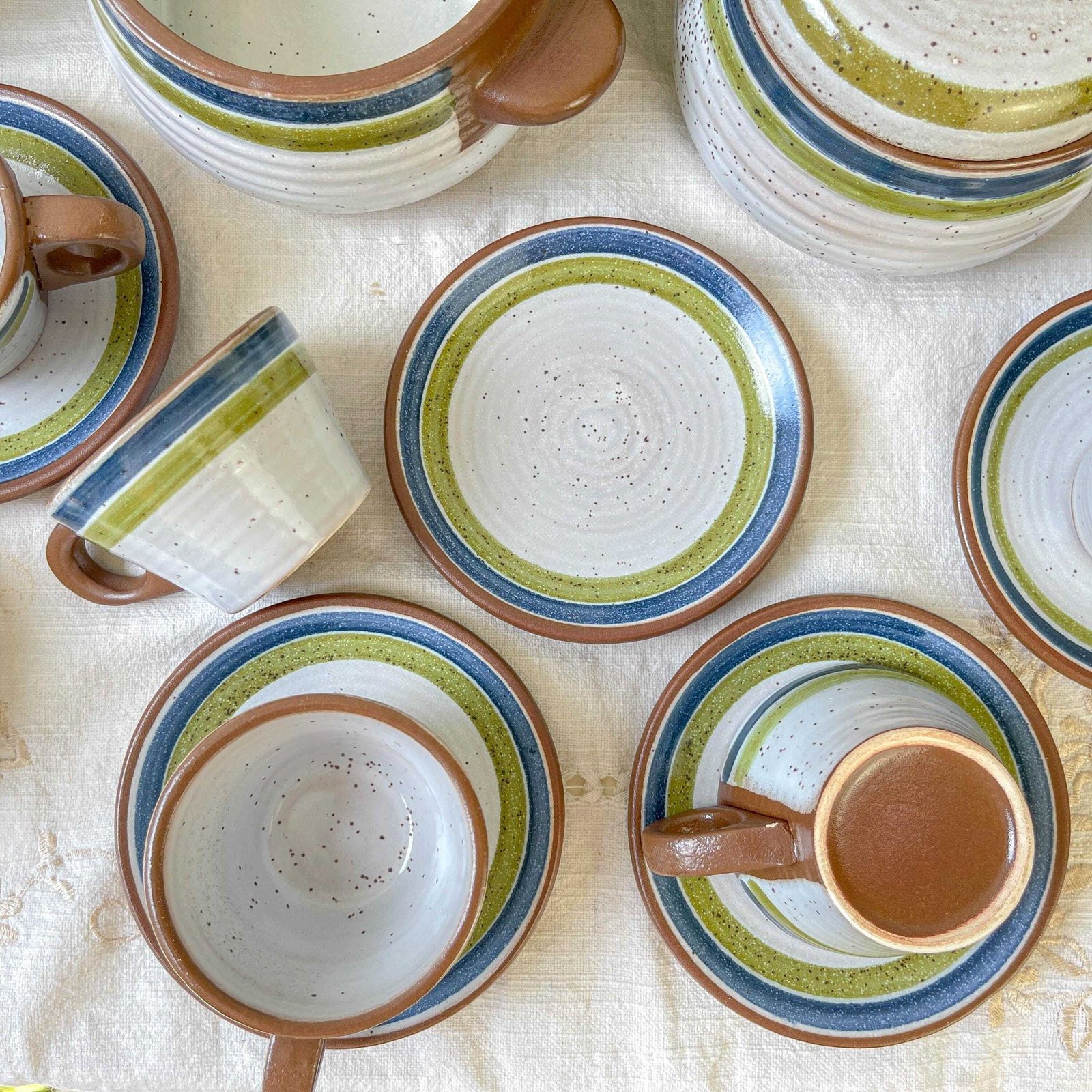 Vintage 1950s Speckled Stoneware Coffee Set In Gray With Green And Blue Stripes   Vintage Stoneware Coffee Cups   Vintage Stoneware Teapot photo buy