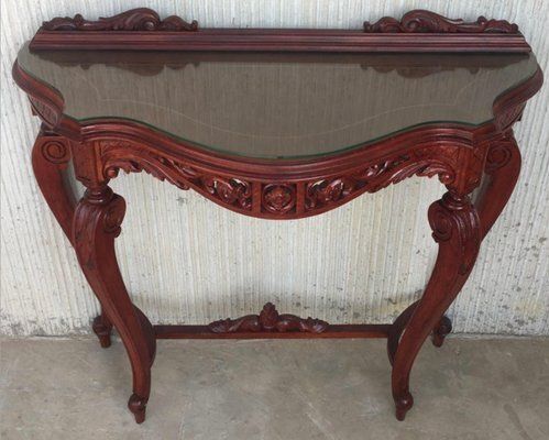 Vintage Rococo Style Italian Console Table In Mahogany With Glass Top, 1960s photo buy