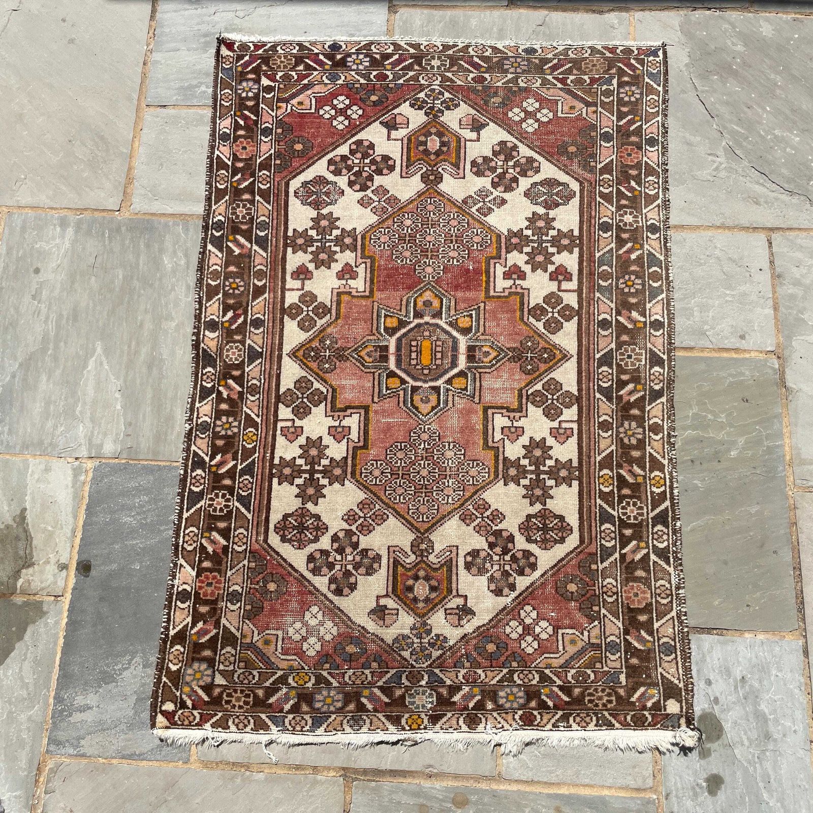 Antique Hand Woven Rug Carpet Mat Rectangle Wool Vintage Pattern Floor Mat Handmade Textile Patterned 102x158cm Brown Cream Pink Muted
