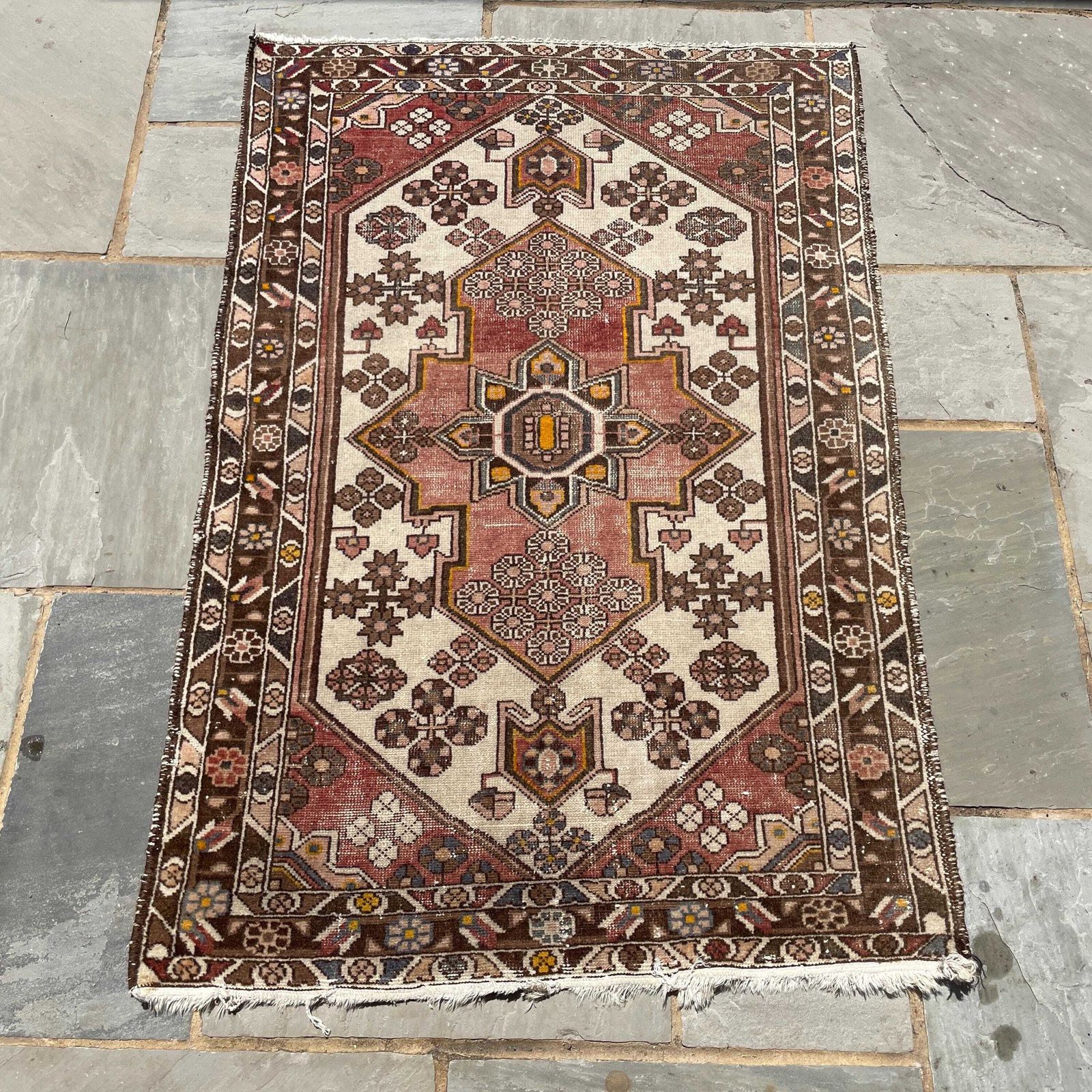 Antique Hand Woven Rug Carpet Mat Rectangle Wool Vintage Pattern Floor Mat Handmade Textile Patterned 102x158cm Brown Cream Pink Muted photo for sale