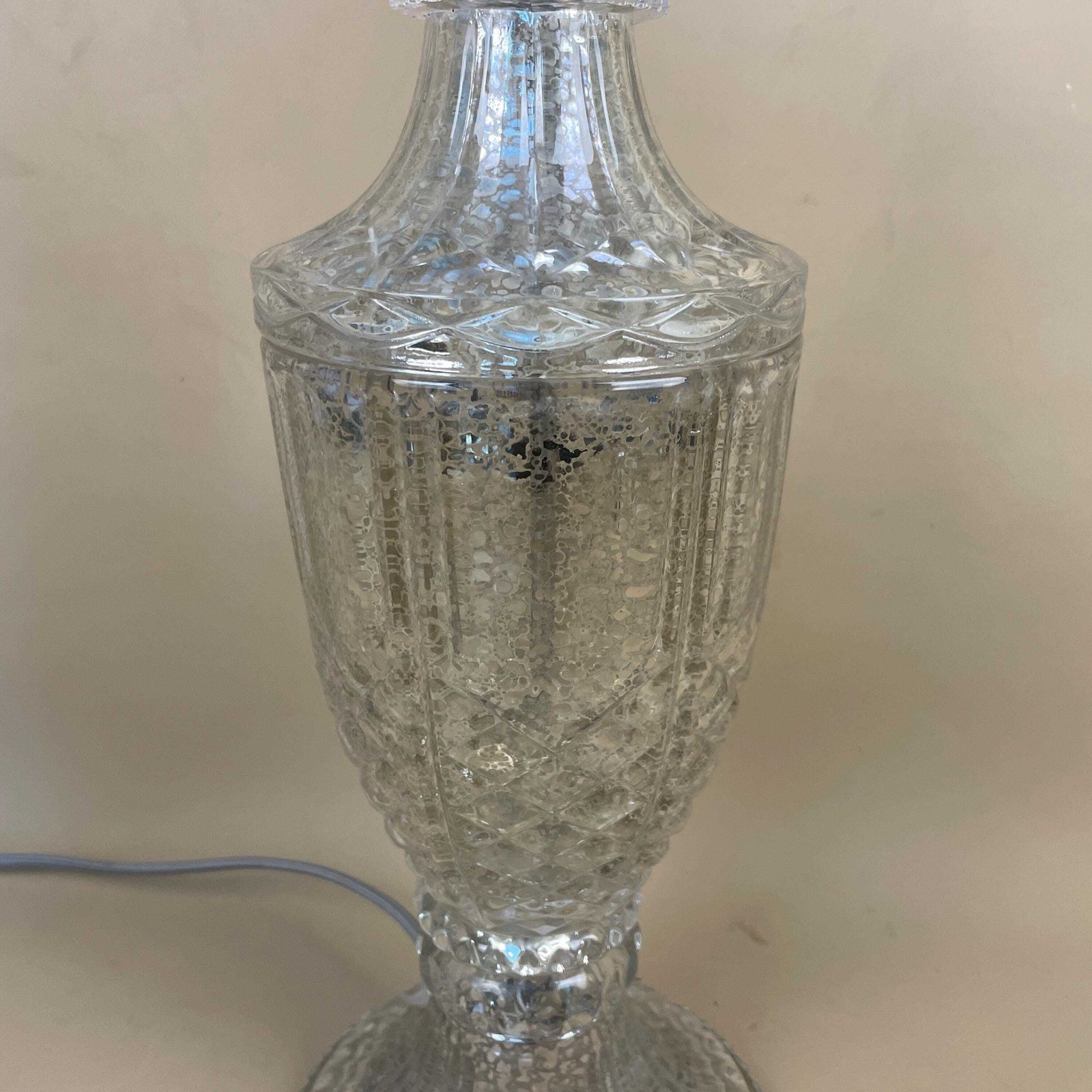 Vintage Glass Lamp Light Bedside Table Desk Vase Medium Interior Clear Silver Speckled Mottled Finish Design Cottage Modern Classic photo for sale