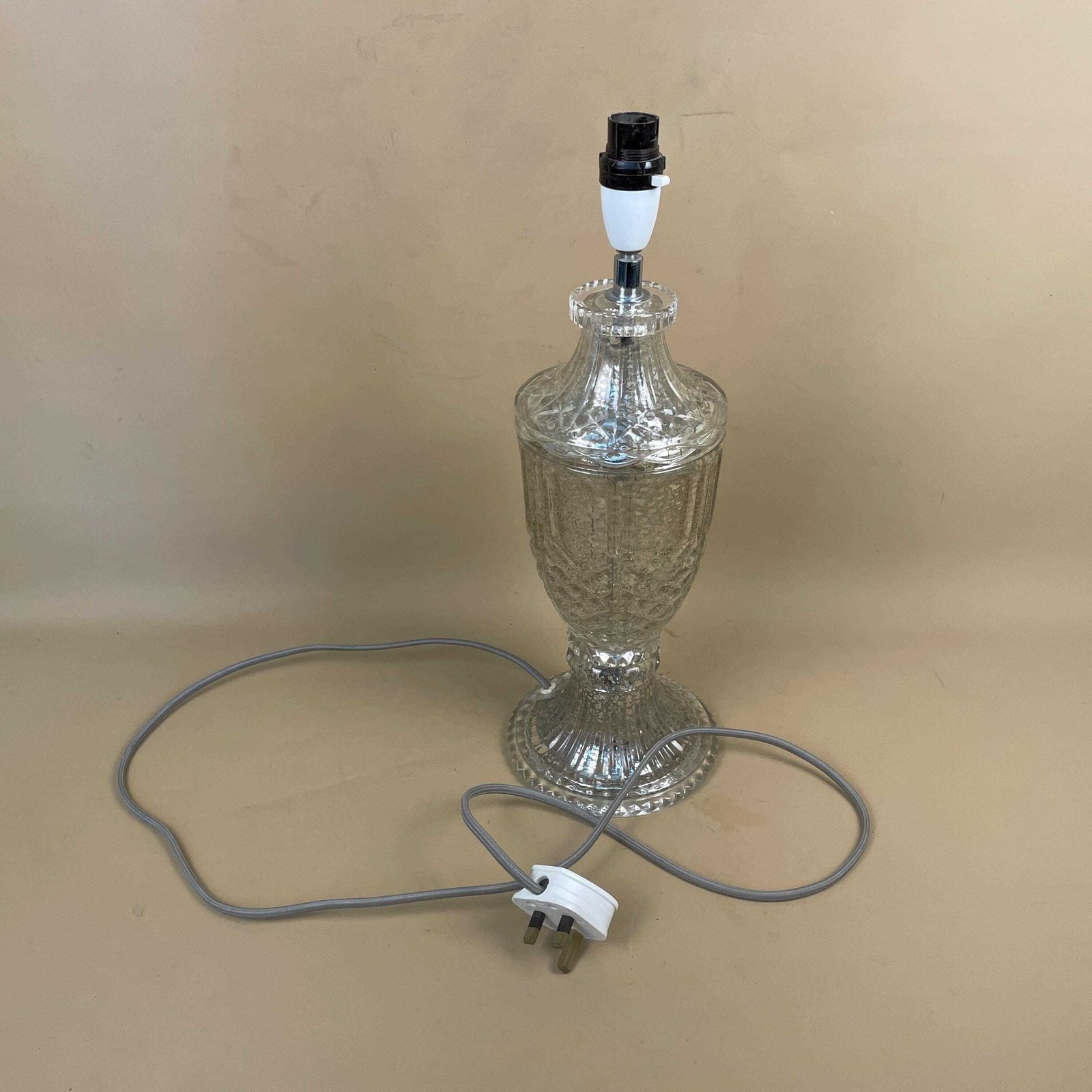 photo for sale Vintage Glass Lamp Light Bedside Table Desk Vase Medium Interior Clear Silver Speckled Mottled Finish Design Cottage Modern Classic
