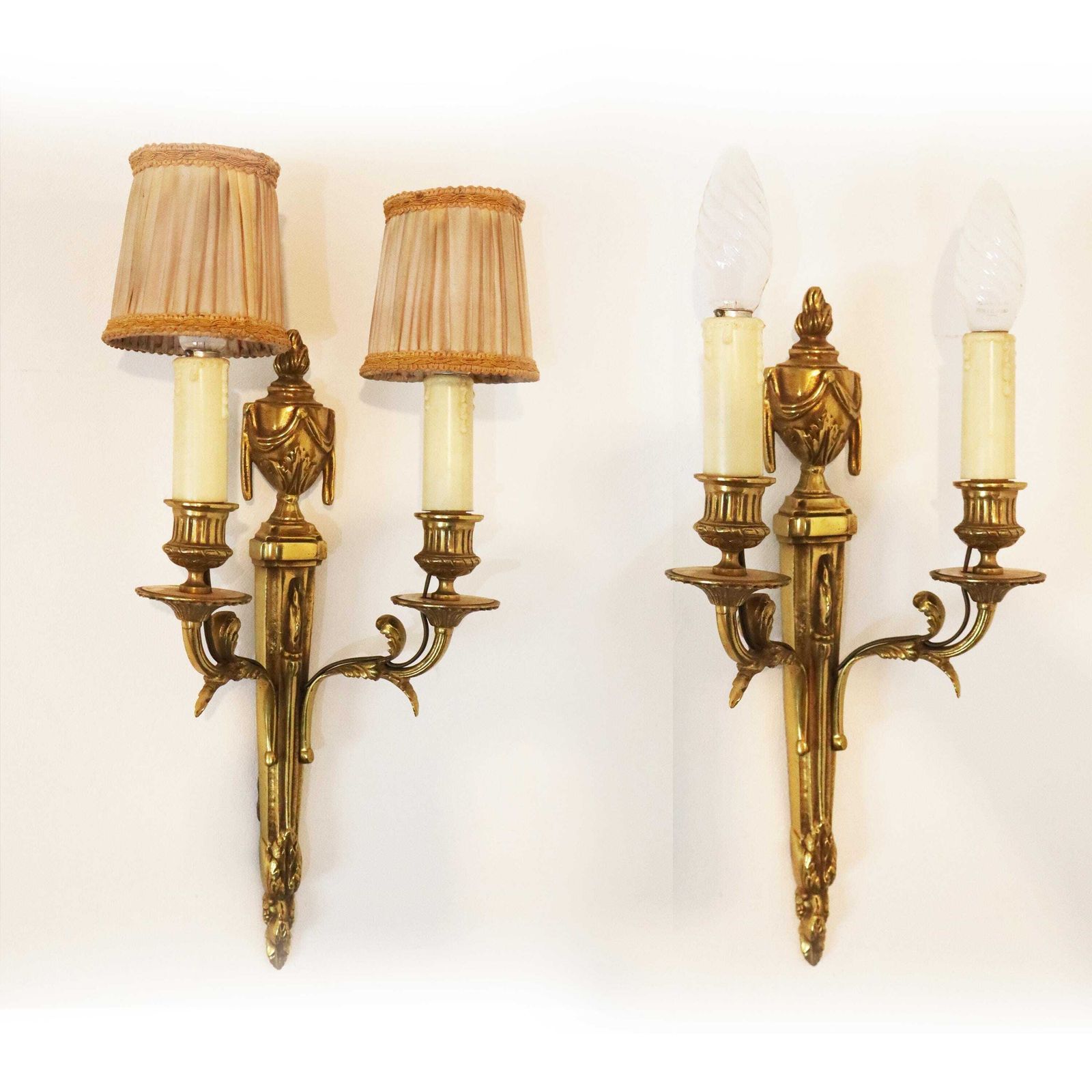 Pair Of French Gilt Bronze Wall Mounted Sconces Louis XV Style Wall Lights With Lampshades photo furniture