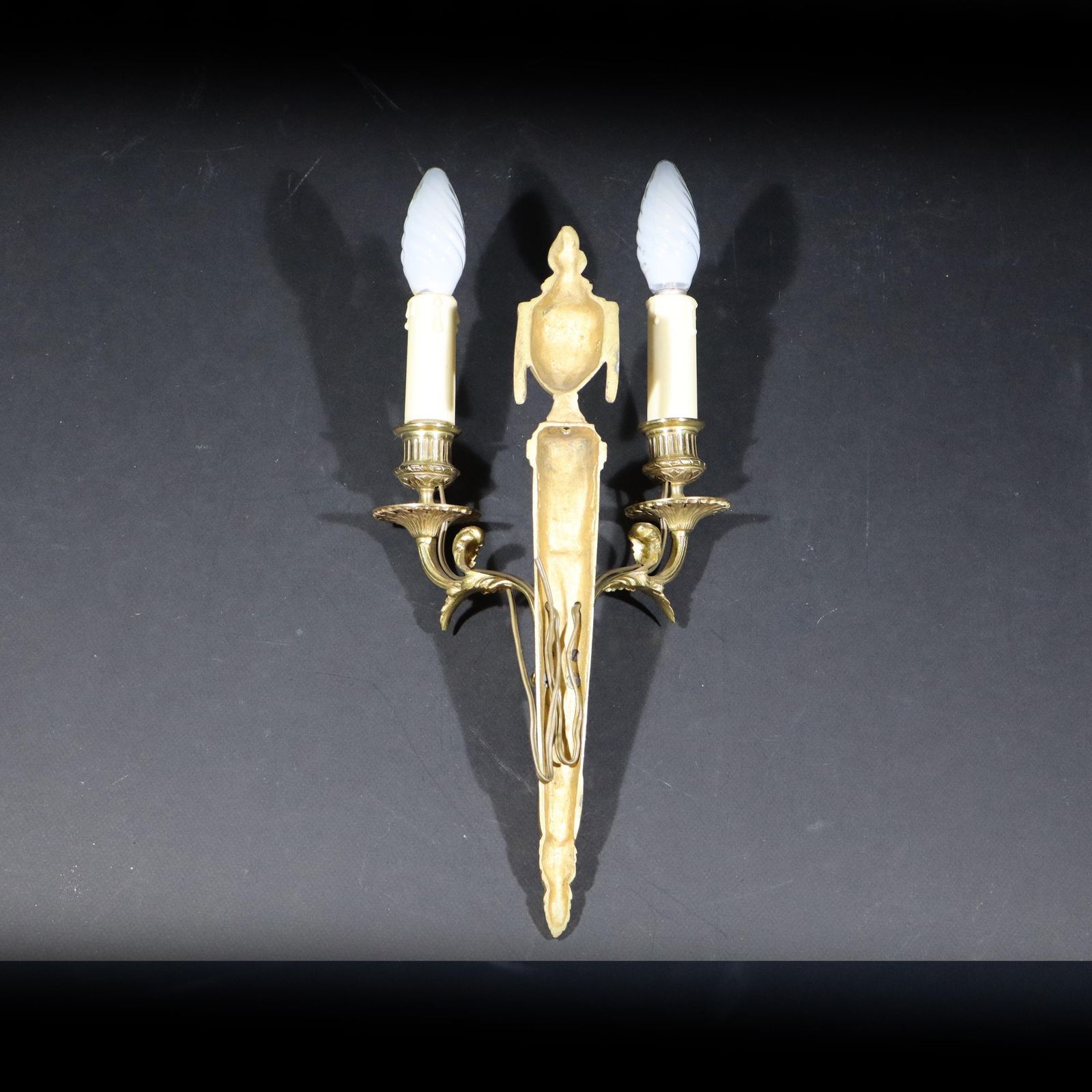 photo for sale Pair Of French Gilt Bronze Wall Mounted Sconces Louis XV Style Wall Lights With Lampshades