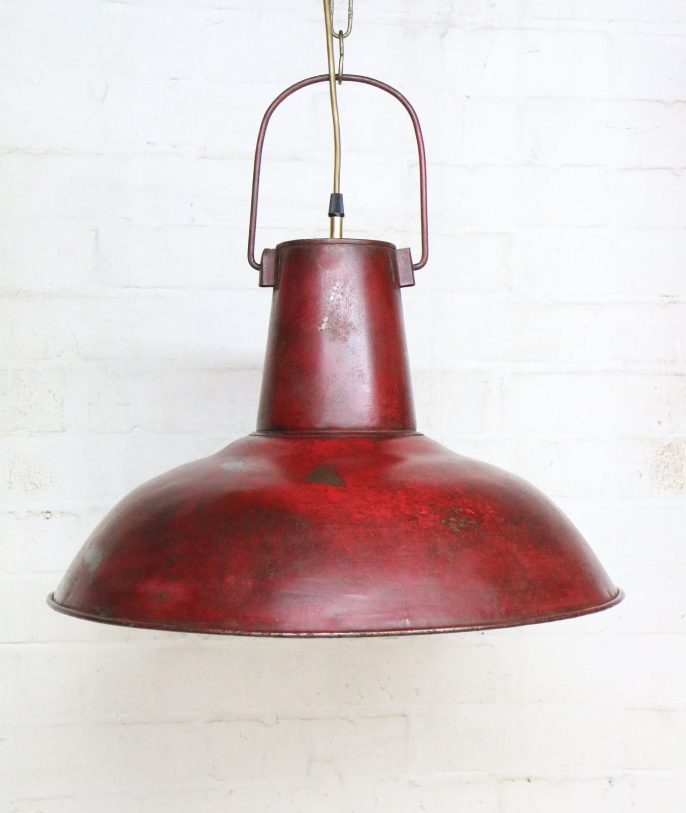 A Vintage Island Kitchen Ceiling Light Large Metal Lampshade With A Distressed Burnt Red Colour