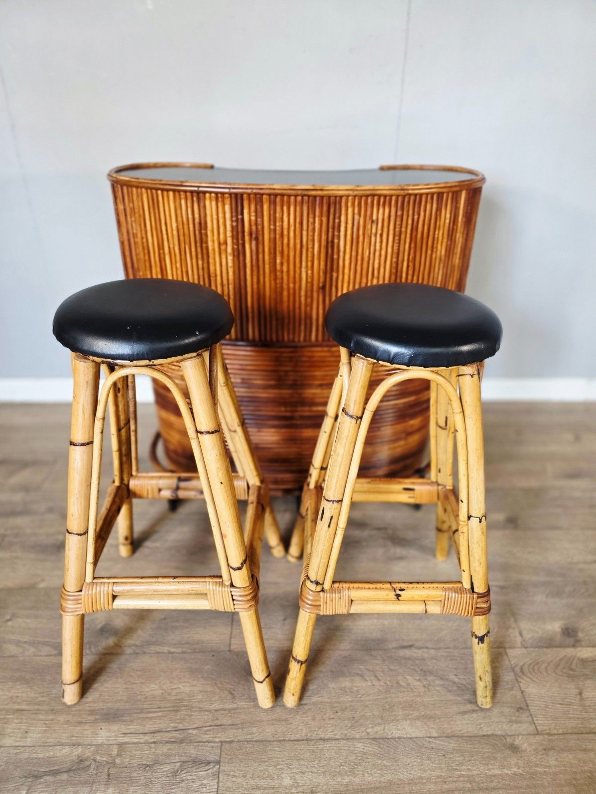 1970 Bamboo Tiki Bar With 2 Bar Stools photo for sale