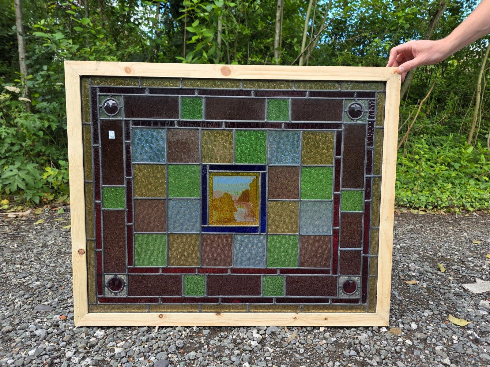 1900 Antique Leaded Glass Window With Hand Painted Country Scene