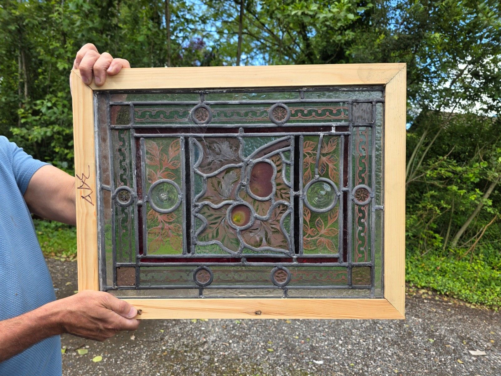 1890 Antique Leaded Glass Window With Hand Painted Fruit Design And Clear... photo Art