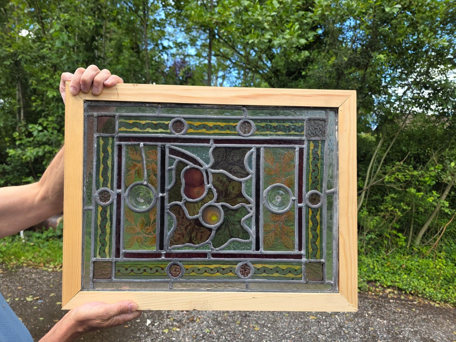 1890 Antique Leaded Glass Window With Hand Painted Fruit Design And Clear... photo 555.0