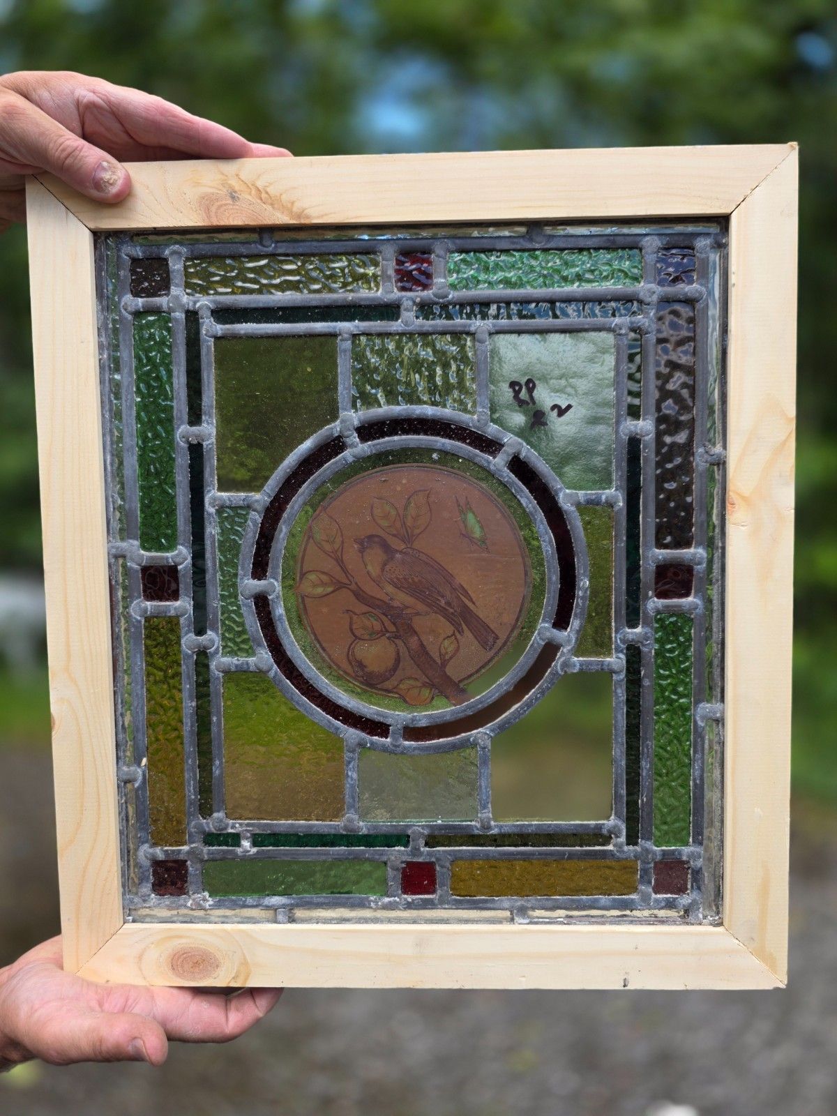 1910 Antique Leaded Glass Window With Bird On A Branch Design