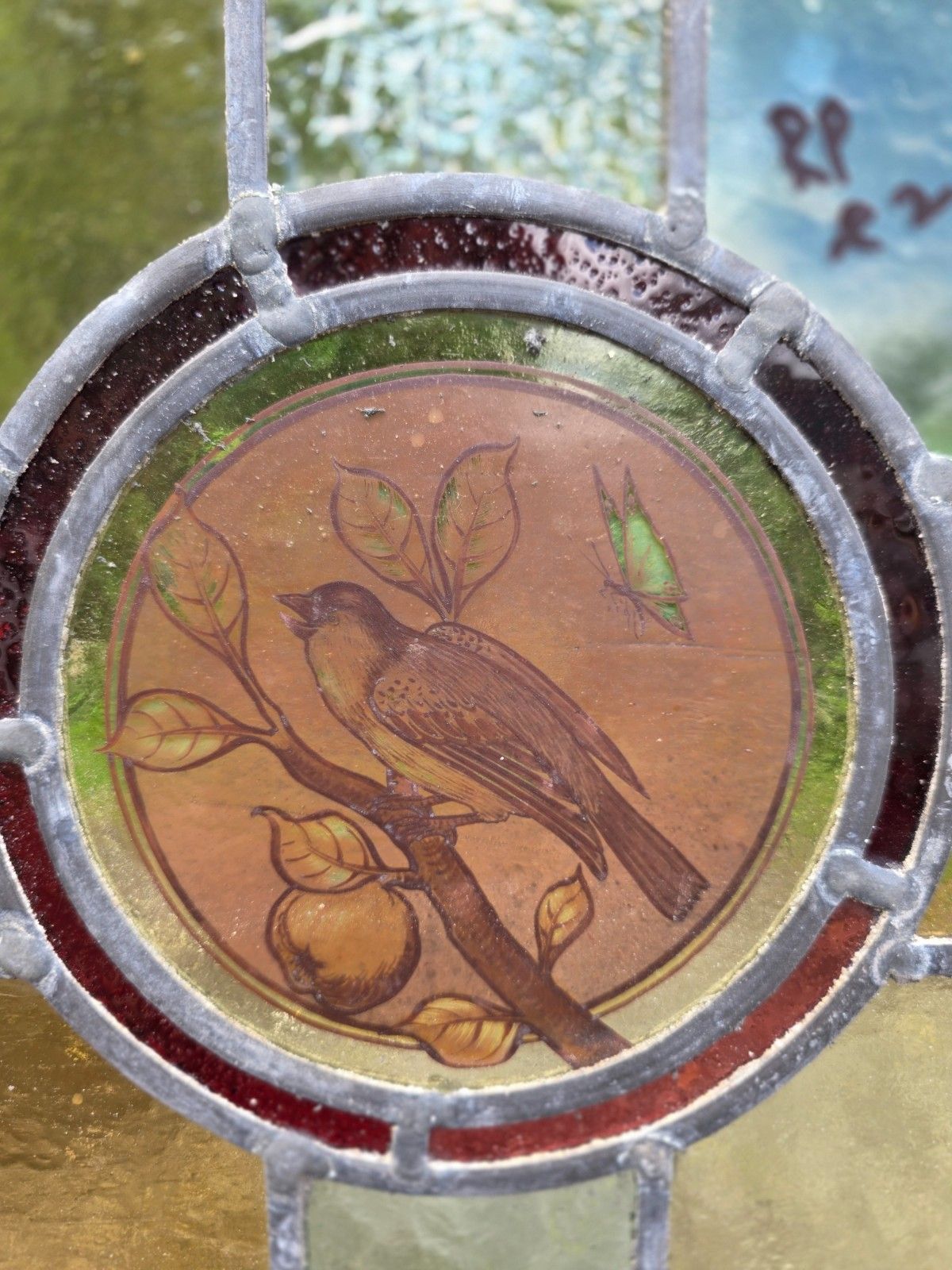 1910 Antique Leaded Glass Window With Bird On A Branch Design photo furniture