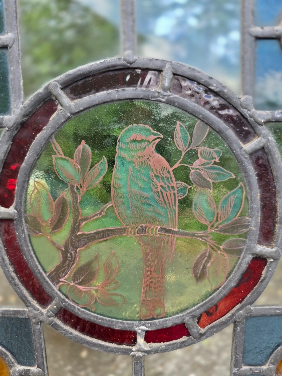 1910 Antique Leaded Glass Window With Bird On A Branch And Amber Bullseyes... photo 550.0