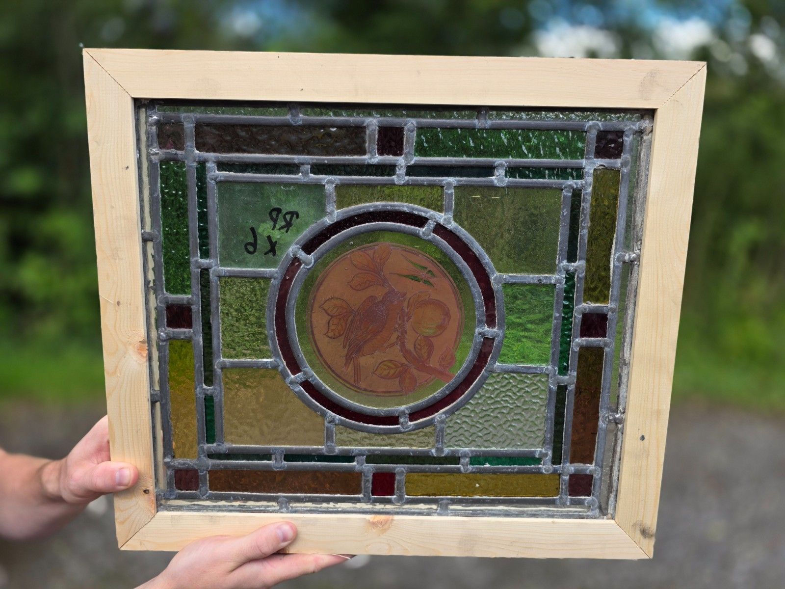 1910 Antique Leaded Glass Window With Bird On A Branch