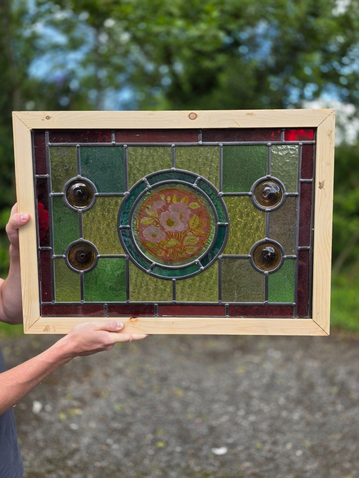 1910 Antique Leaded Glass With Hand Painted Flowers Window