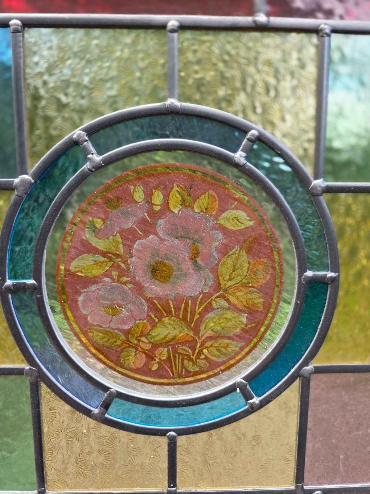1910 Antique Leaded Glass With Hand Painted Flowers Window photo Art
