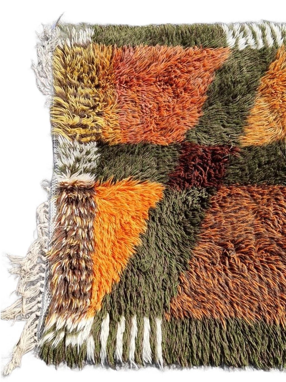 Vintage Swedish Rya Rug | Swedish Shag Pile Orange And Green photo Textiles