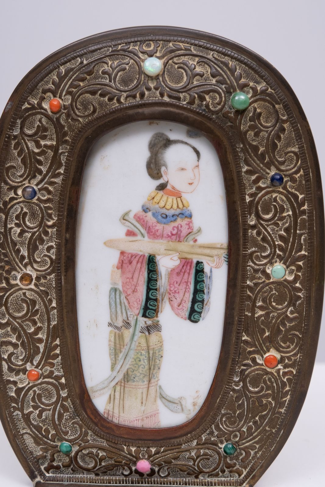 Antique Chinese Family Rose Porcelain Brass Book Ends photo Home Decor