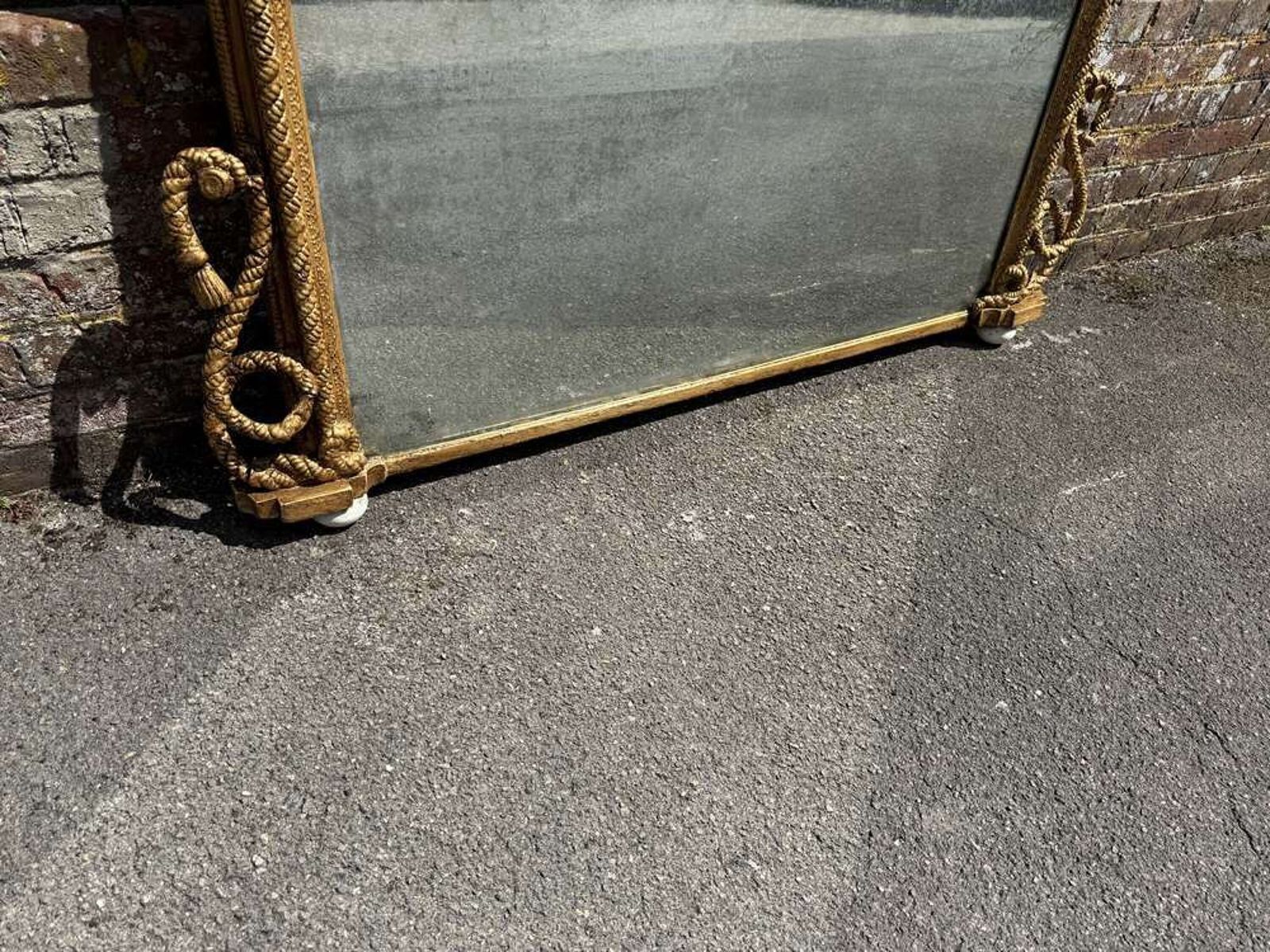 An Exceptional Large Antique English 19th C Arched Top Gilt Rope Twist Overmantle Mirror. photo for sale