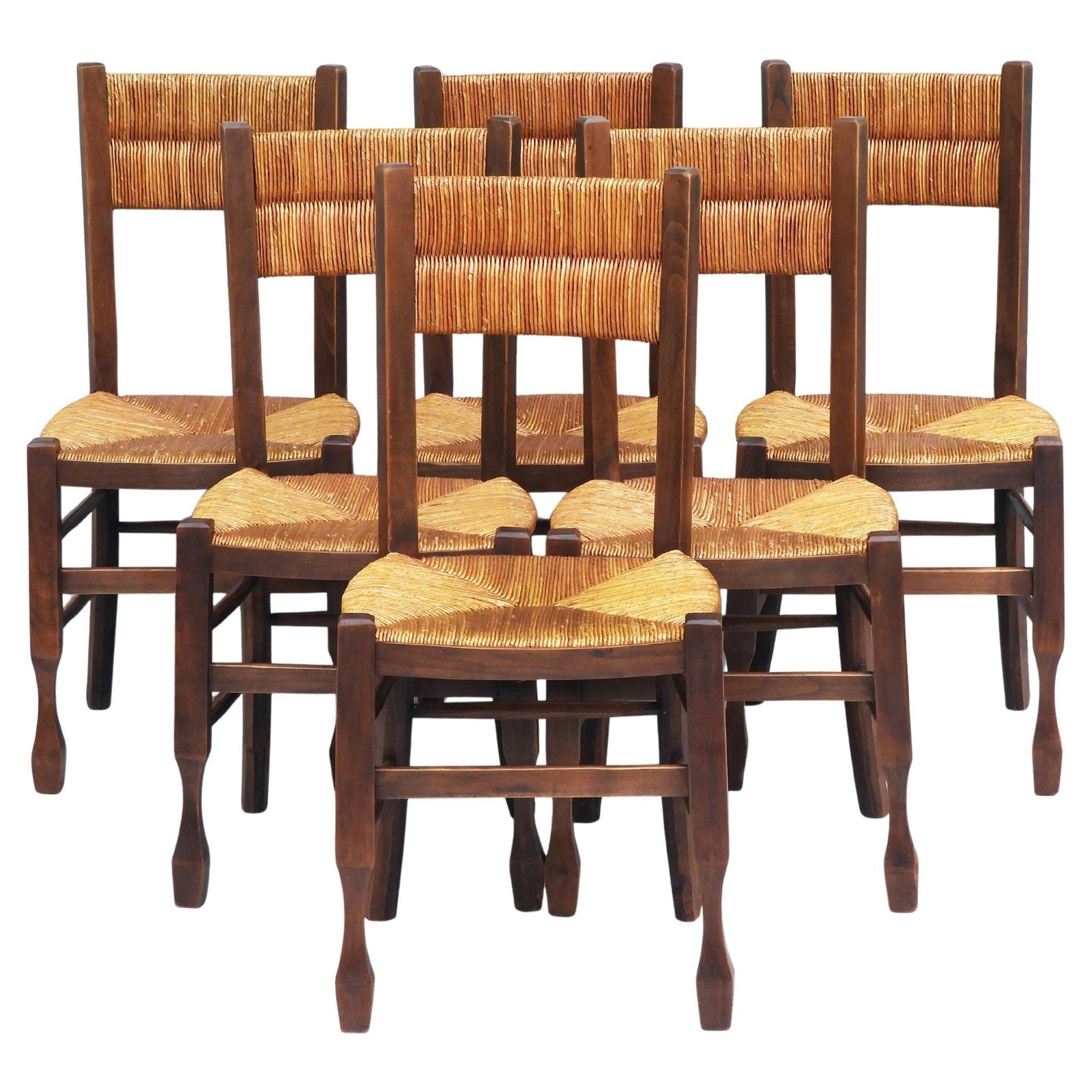 Set Of 6 Provincial French Woven Rush Chairs C1950s