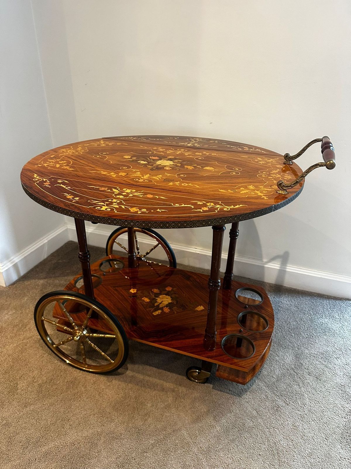 Serving Drink Bar Cart Trolley With Side Flaps, Marquetry Inlays, 1970s. photo Furniture