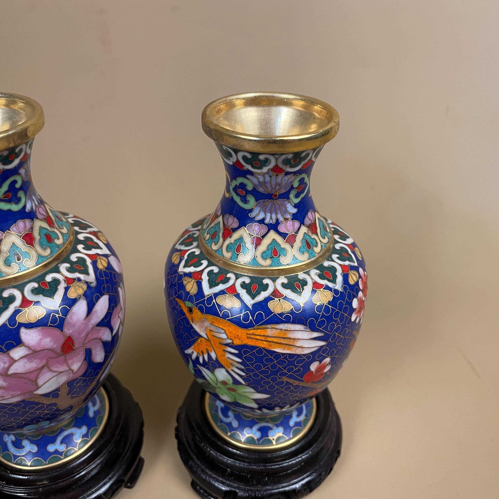 Pair Of 2 Oriental Chinese Cloisonne Handmade Vase Floral Decorative Pot Antique Metal Gold Enamel Painted Flower Blue Pink Wooden Base photo furniture