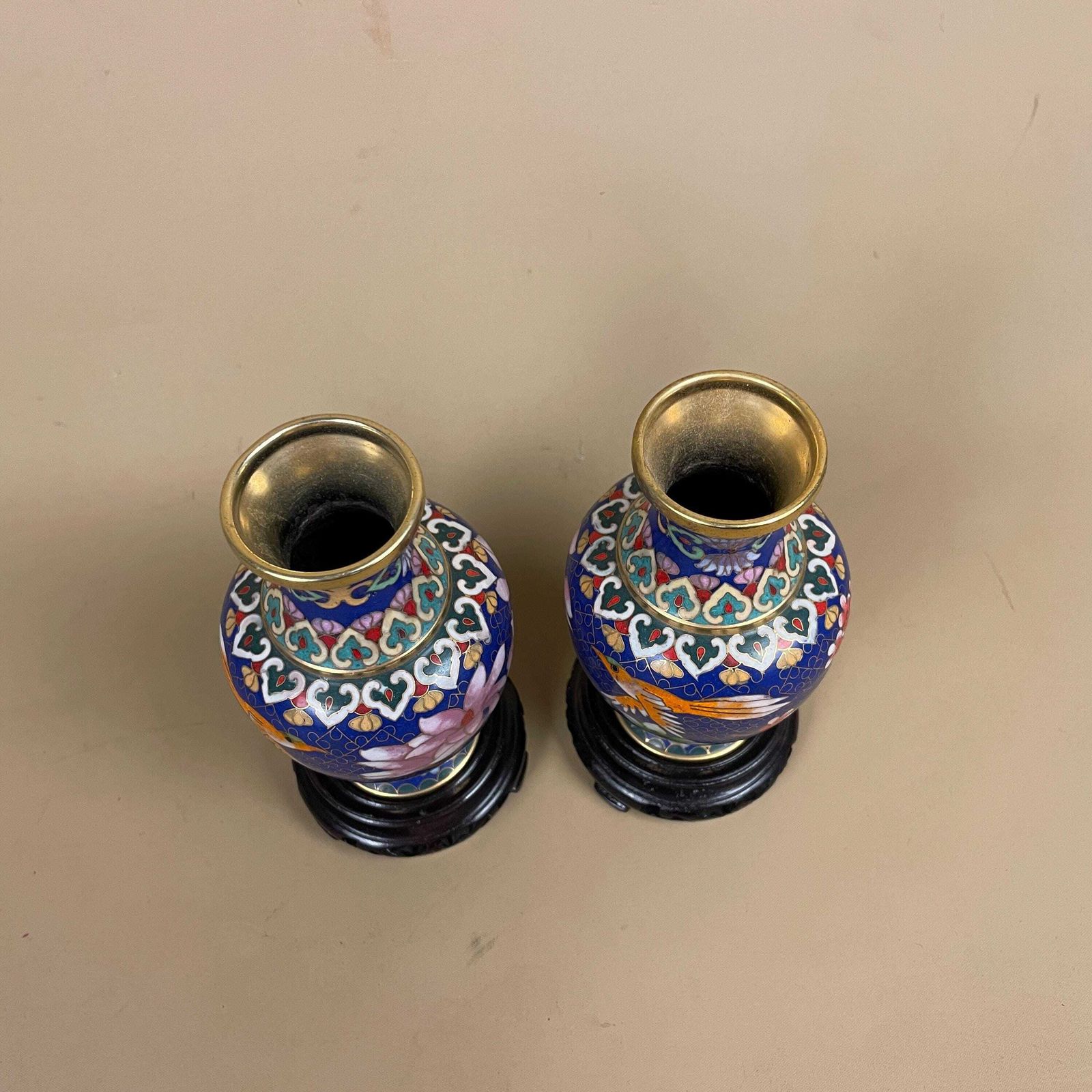 Pair Of 2 Oriental Chinese Cloisonne Handmade Vase Floral Decorative Pot Antique Metal Gold Enamel Painted Flower Blue Pink Wooden Base photo 59.0