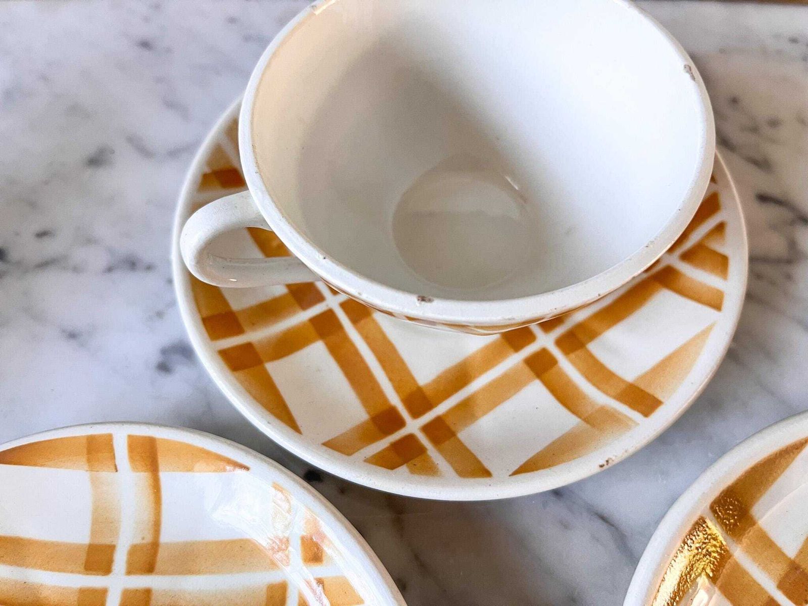 Set Of Six Vintage French Coffee Cups With Saucers In Yellow Gingham Pattern photo 95.0