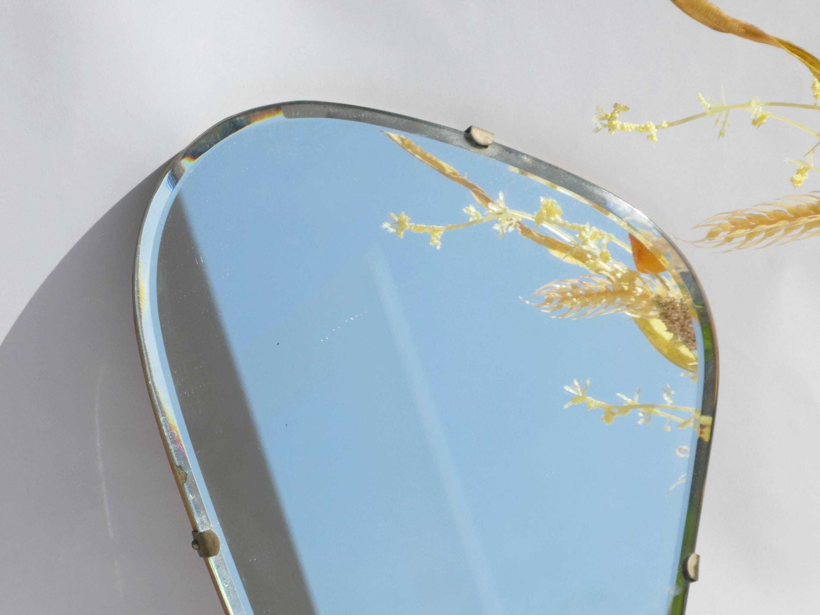 Mid Century Asymmetrical Small Frameless Mirror, Vintage Wall Mirror With Beveled Glass, Art Deco Mirror photo for sale