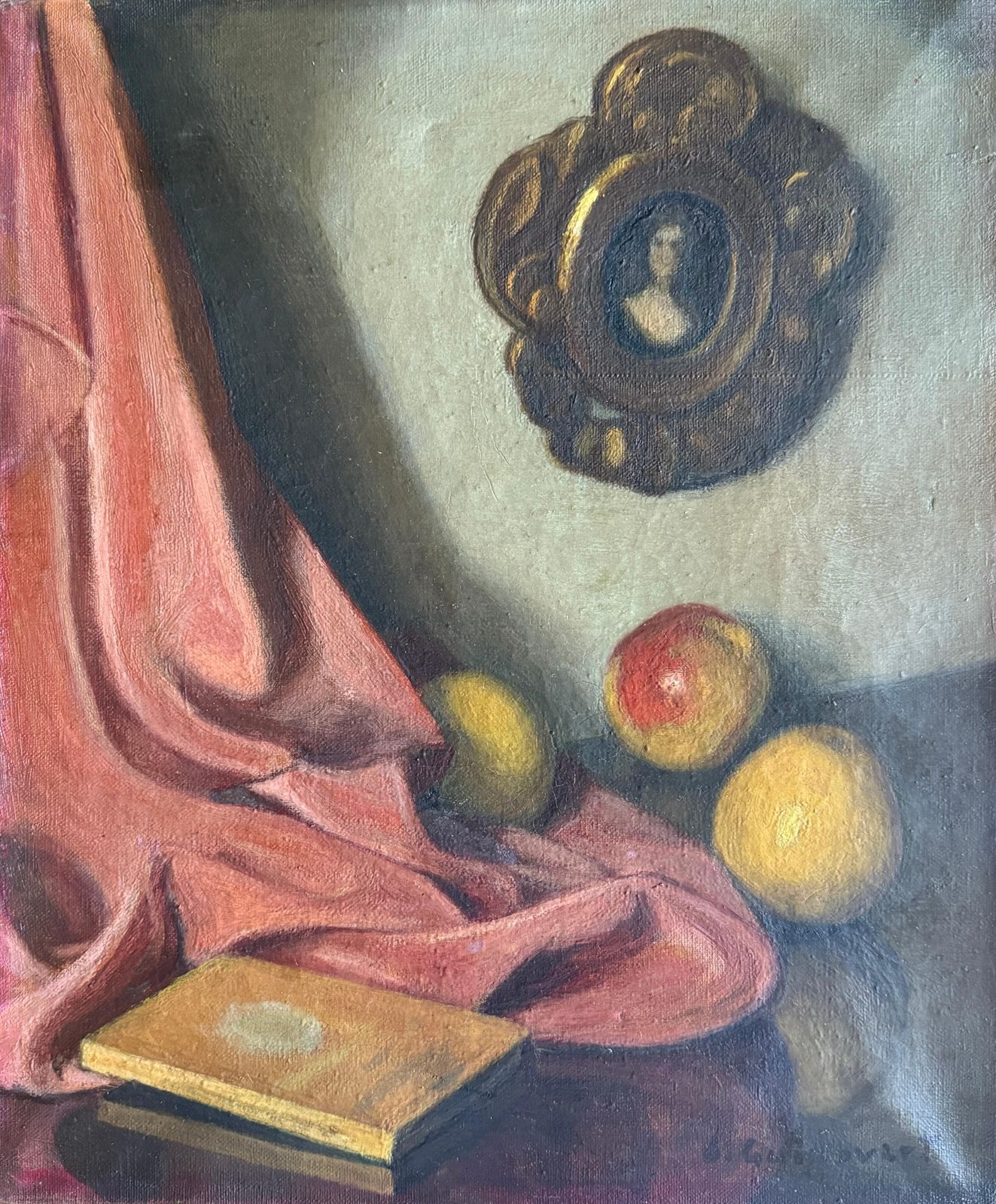 Interior With Fruits And Portrait Still Life Oil On Canvas Painting C.1945