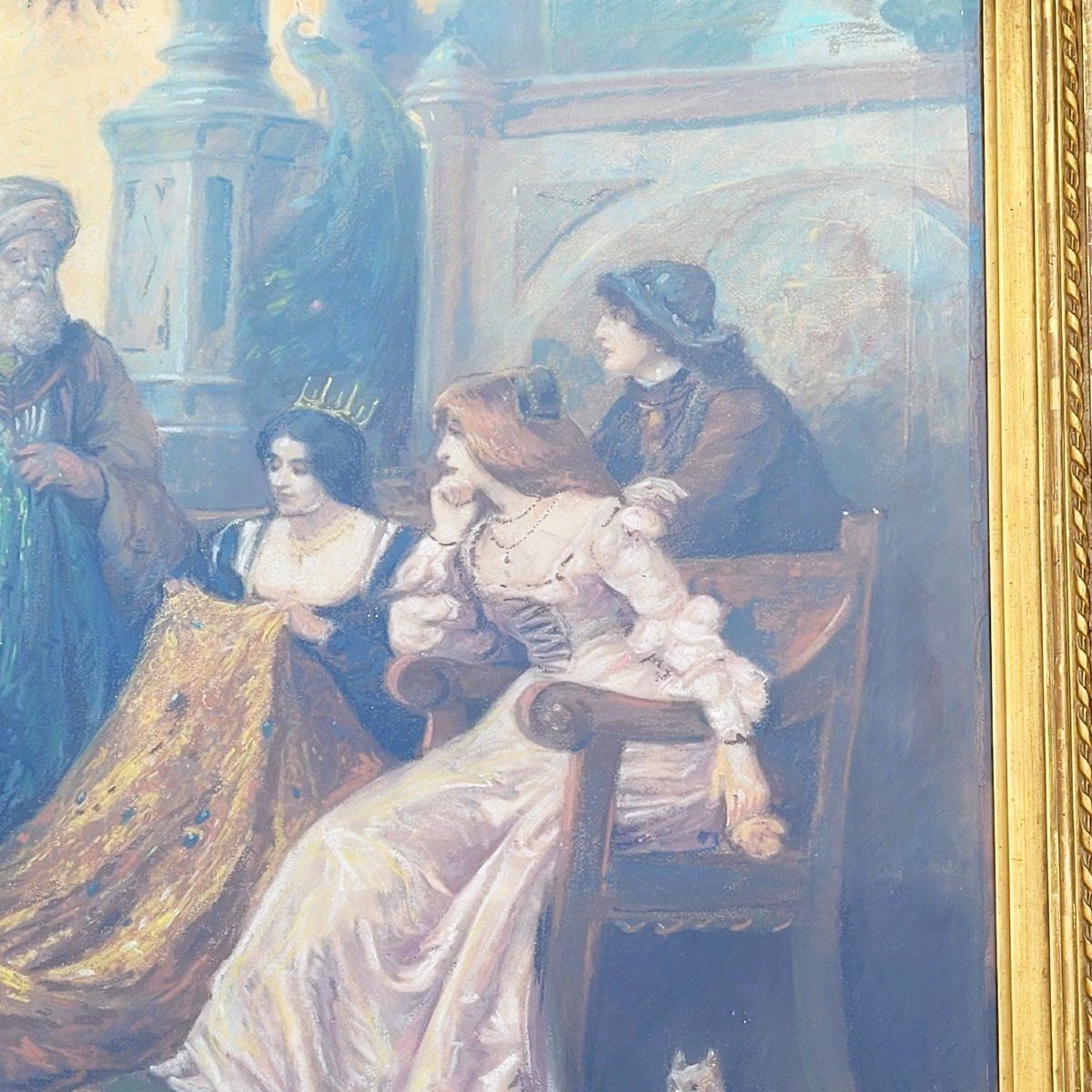 Fabric Merchants In Venice, Framed Pastel, Early 20th Century photo furniture