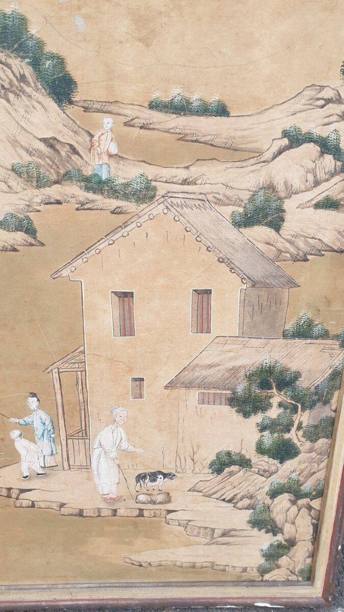 Wallpaper Of A Lively Chinese Landscape, 19th Century photo Art