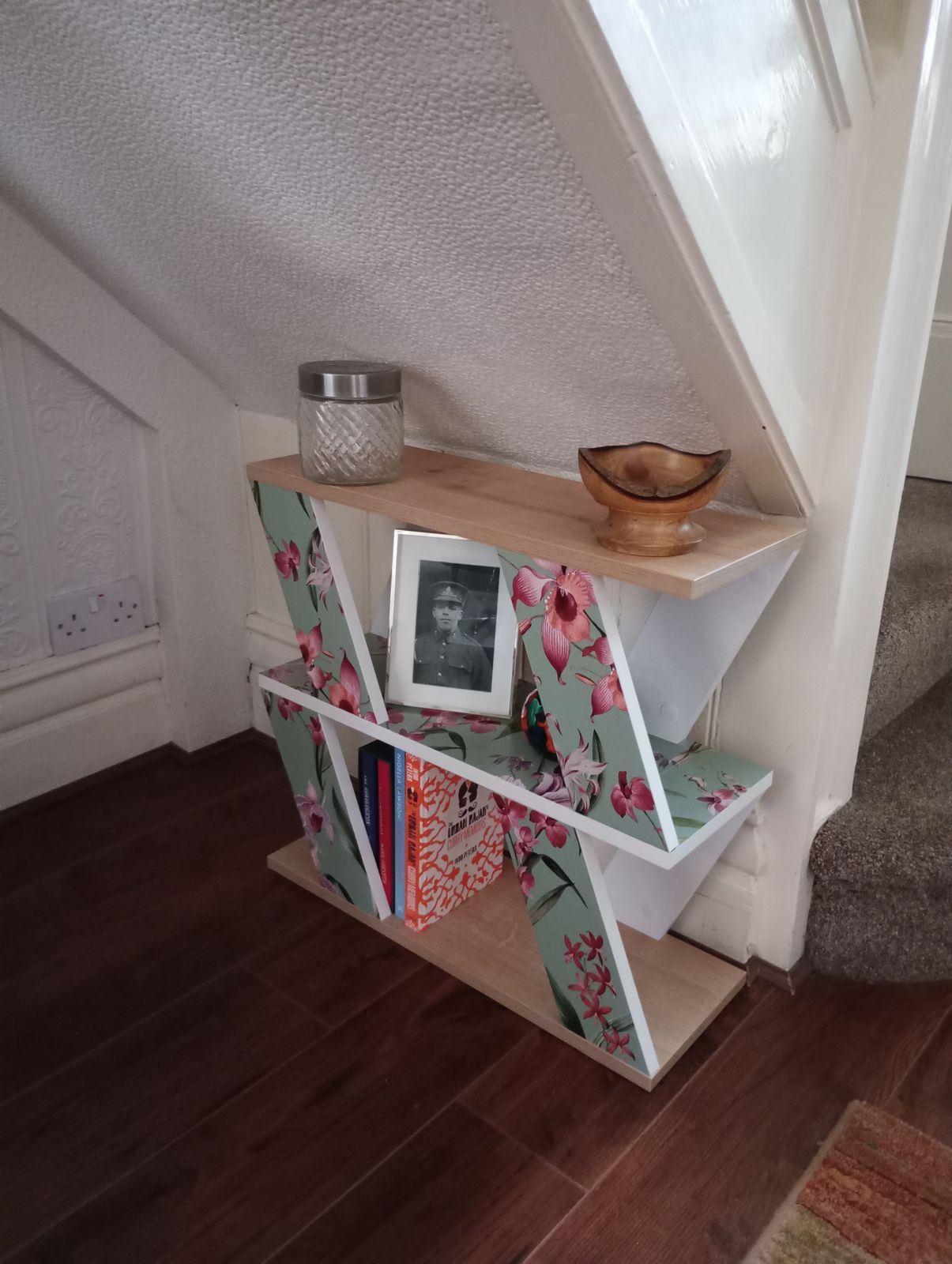 Three Shelved White And Wood Effect Bookcase/Table With Water Colour And Jade Green Applied Paper. photo 60.0