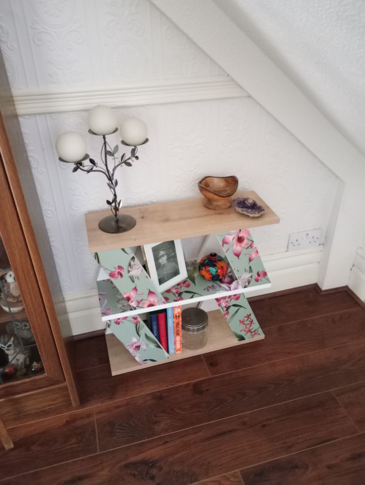 Three Shelved White And Wood Effect Bookcase/Table With Water Colour And Jade Green Applied Paper. photo vinterior