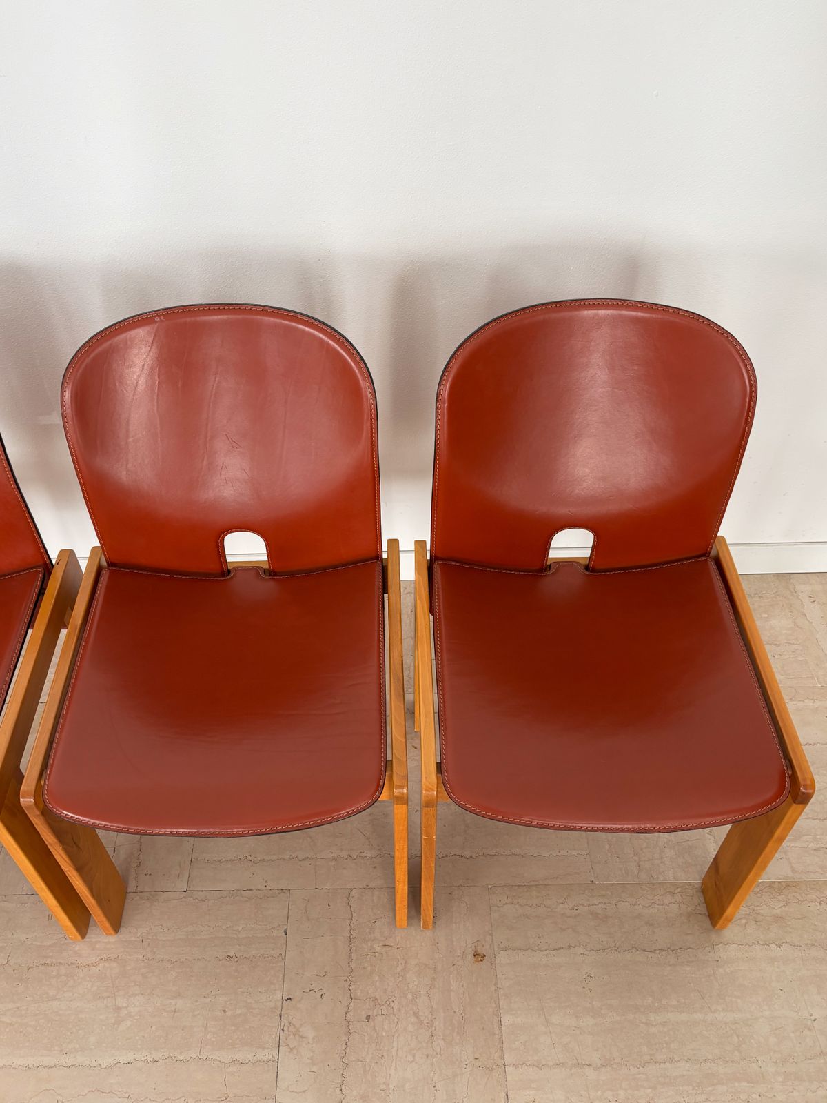 Afra Tobia Scarpa Cassina Midcentury Leather Wood Dining Chairs, Italy 1960s photo buy