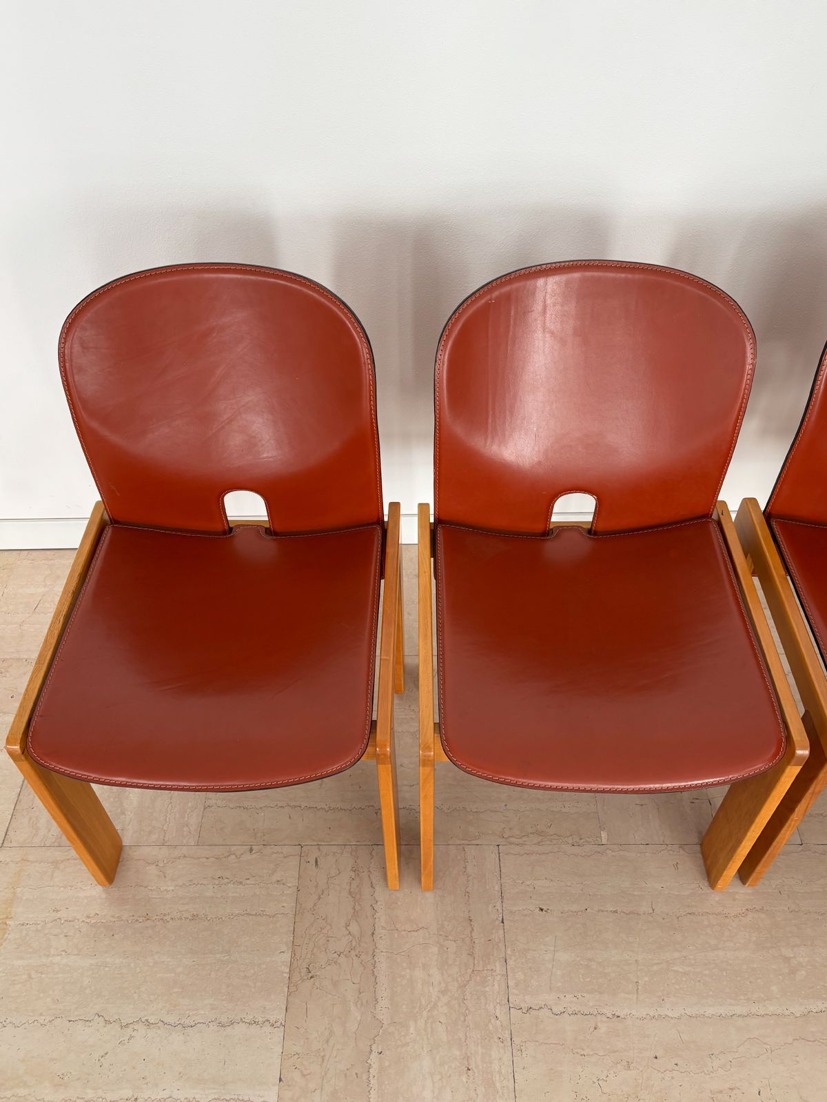 Afra Tobia Scarpa Cassina Midcentury Leather Wood Dining Chairs, Italy 1960s photo vinterior