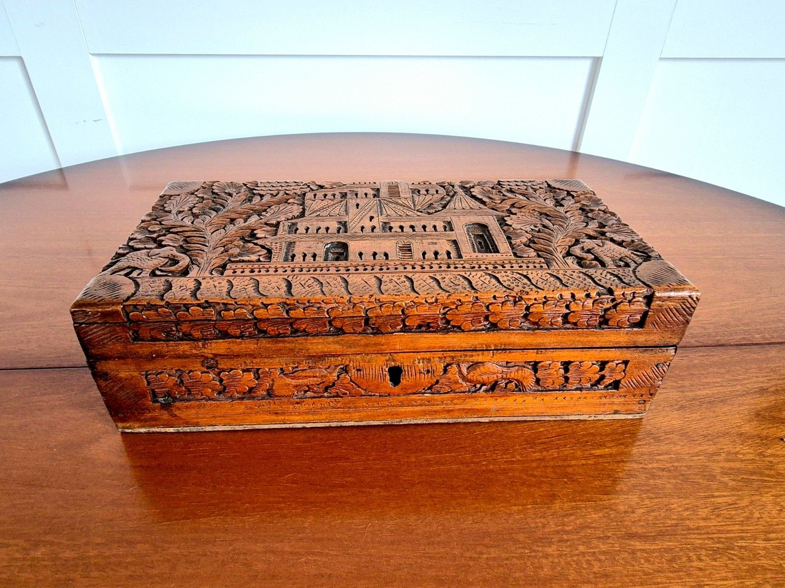 Early 20th Century Anglo Indian Carved Wooden Jewellery Box photo for sale