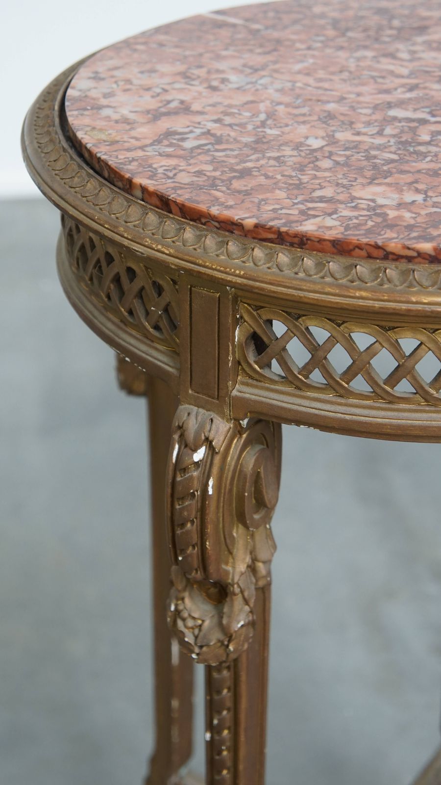 Antique French Round Brocante Side Table With A Gold Colored Wooden Frame And A Colorful Marble Top photo Furniture