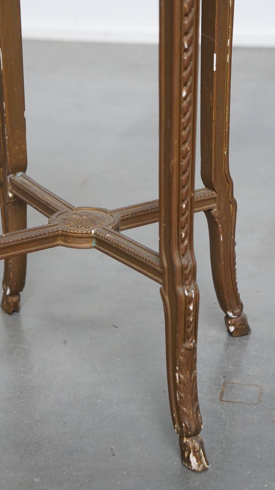 Antique French Round Brocante Side Table With A Gold Colored Wooden Frame And A Colorful Marble Top photo buy