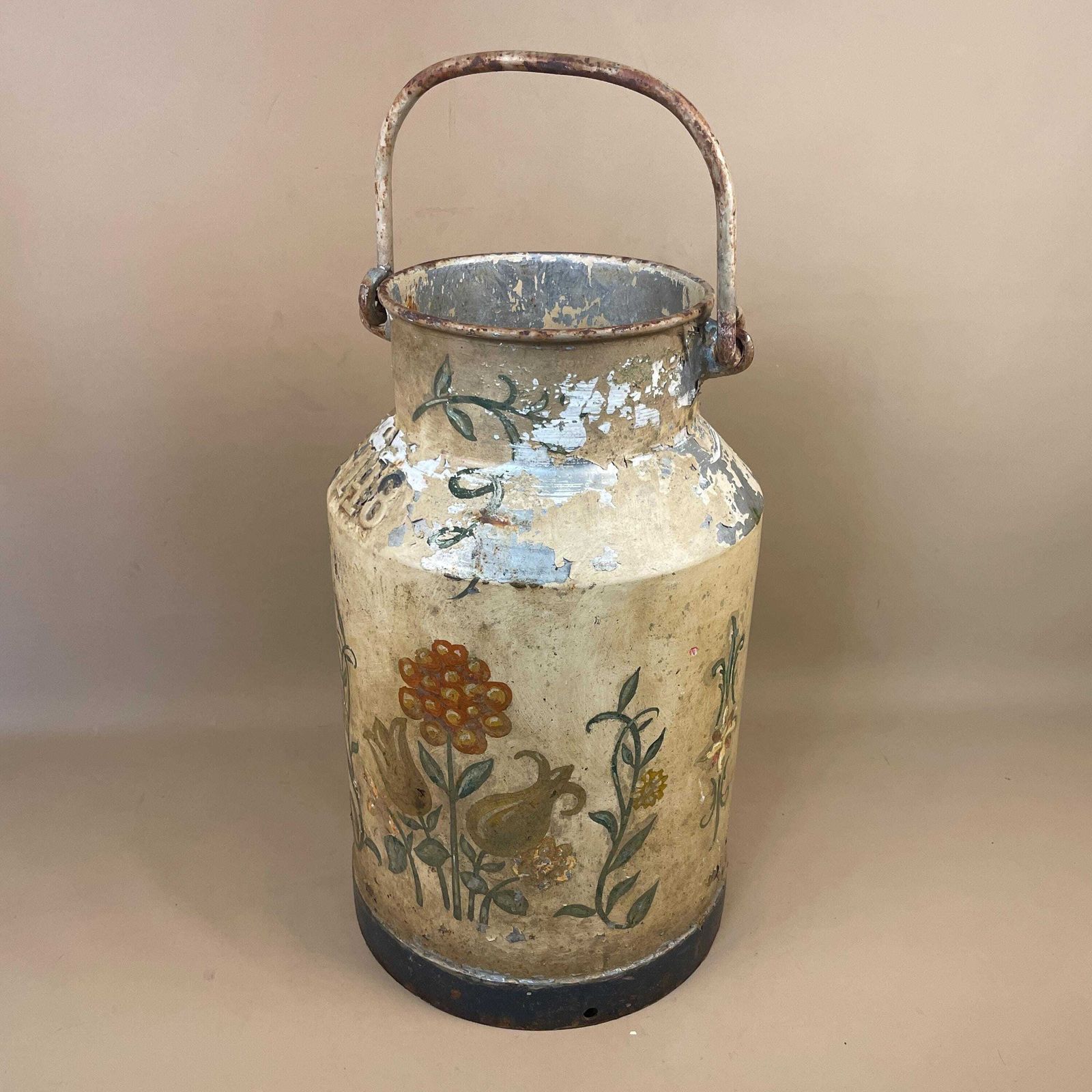 Antique Metal Milk Churn Hand Painted Floral Pattern Vintage Planter Pot Weathered Garden Outdoor Plant Holder Patterned Original Heavy Old photo furniture