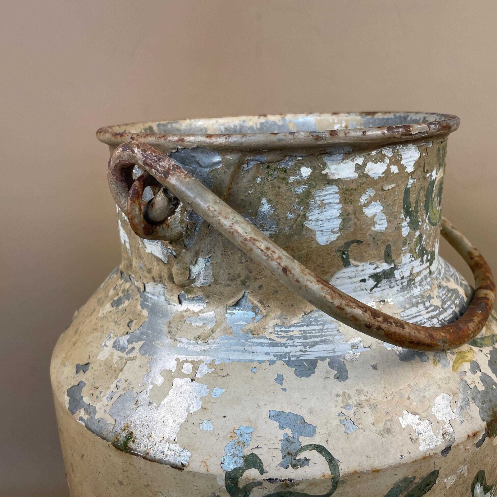 Antique Metal Milk Churn Hand Painted Floral Pattern Vintage Planter Pot Weathered Garden Outdoor Plant Holder Patterned Original Heavy Old photo vinterior