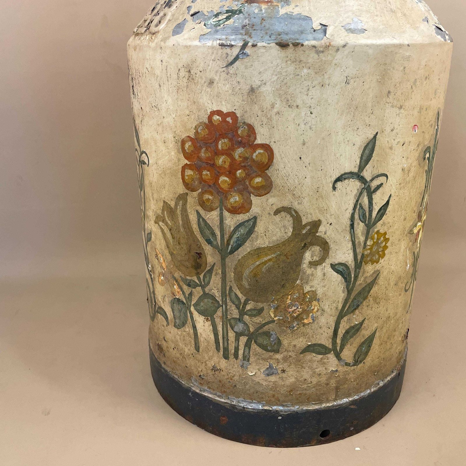 Antique Metal Milk Churn Hand Painted Floral Pattern Vintage Planter Pot Weathered Garden Outdoor Plant Holder Patterned Original Heavy Old photo vintage