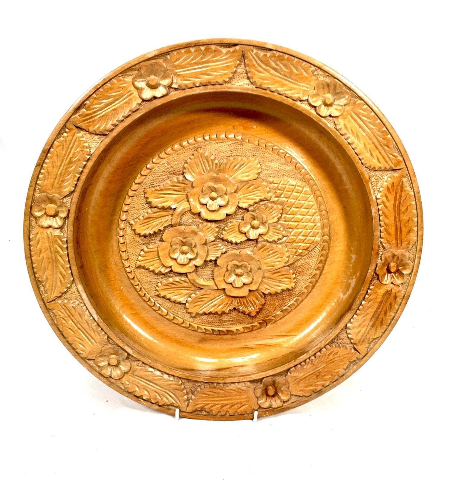 Vintage Hand Carved Pair Wooden Bread Platter Plate / Bowl Acanthus Leaf Edge photo for sale