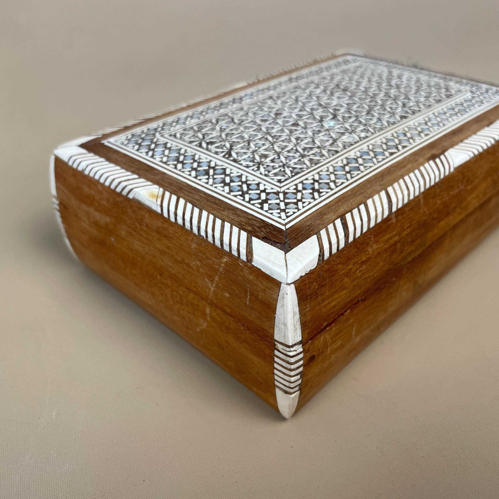 Vintage Wooden Mother Of Pearl Inlay Box Trinket Jewellery Indian Geometric Rectangular Rectangle photo for sale