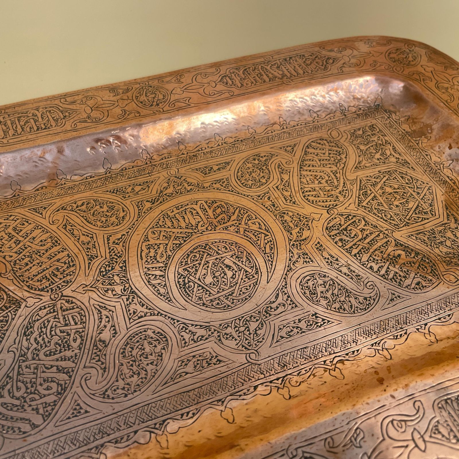Antique Metal Copper Rectangle Middle East Patterned Tray 36x23.5cm Plate Handmade Art Intricate Vintage Decorative Pattern Traditional photo vinterior