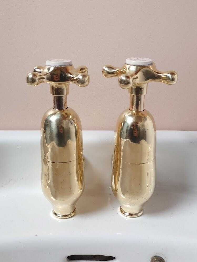 Antique Brass Bottle Bath Faucet Taps Pair, Overhauled Ready To Fit, Vintage Polished Brass Globe Taps photo Home Decor