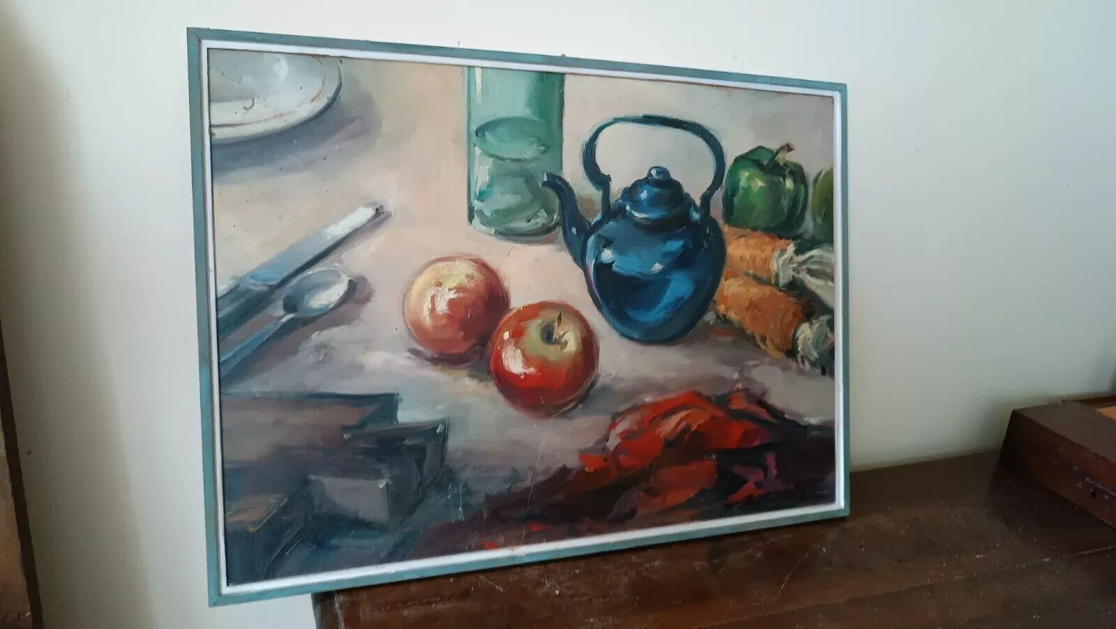 Painting Nature Still Fruit Oil On Plywood Years 50 Signed photo vintage
